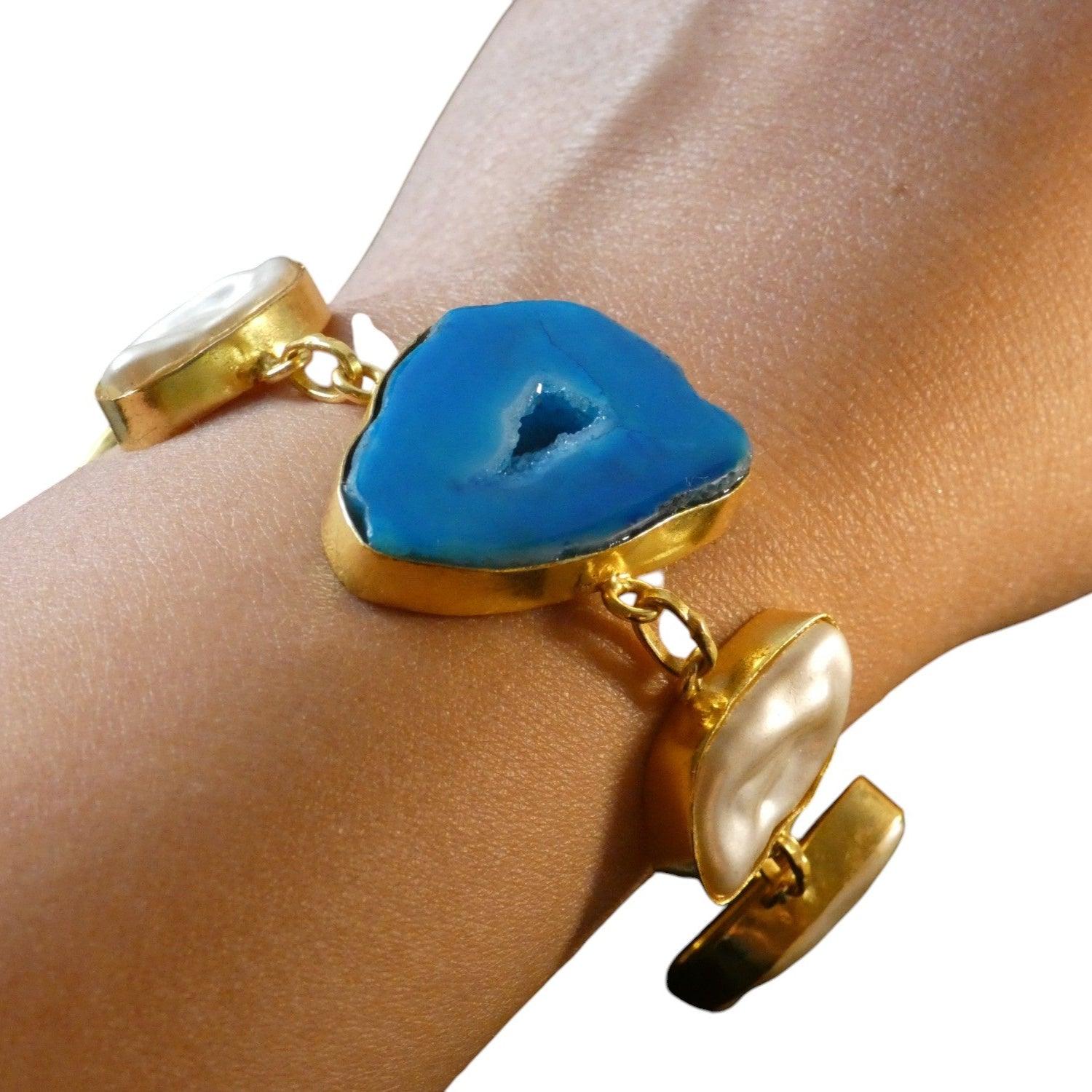 Natural Stone Baroque pearl Hand Crafted Gold Plated Statement Bracelet - Shineers