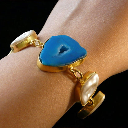 Natural Stone Baroque pearl Hand Crafted Gold Plated Statement Bracelet - Shineers