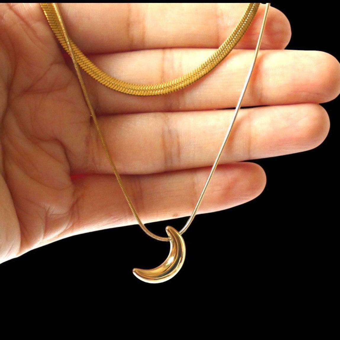 Crescent Moon Double layered chain Pendant - Shineers